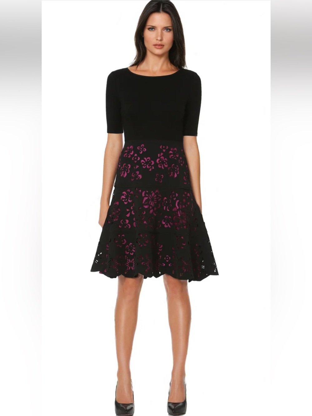 FOCUS by Shani — Laser Cut Ponte Knit Fit & Flare Dress in Fuchsia Size 4 NWT